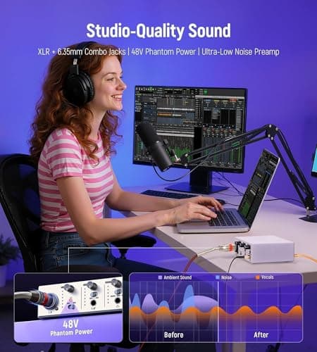 Synido USB C Audio Interface for Recording Music, Streaming, Podcasting with XLR, Line Input, 24bit/48kHz, 48V Phantom Power, 2-channel, Silver - Thumbnail 2