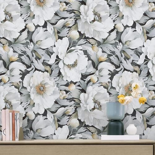 White Wallpaper Peel and Stick, Vintage Grey Peonies Floral Contact Paper 17.5" x 393.7", Retro Self Adhesive Removable Vinyl Waterproof Flower Wallpaper for Bedroom Walls Cabinet Home Decoration - Thumbnail 5