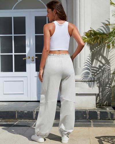 Bsubseach Womens High Waist Barrel Sweatpants Casual Wide Leg Pants Ruffle Elastic Waist Drawstring Palazzo Trousers Grey - Thumbnail 3