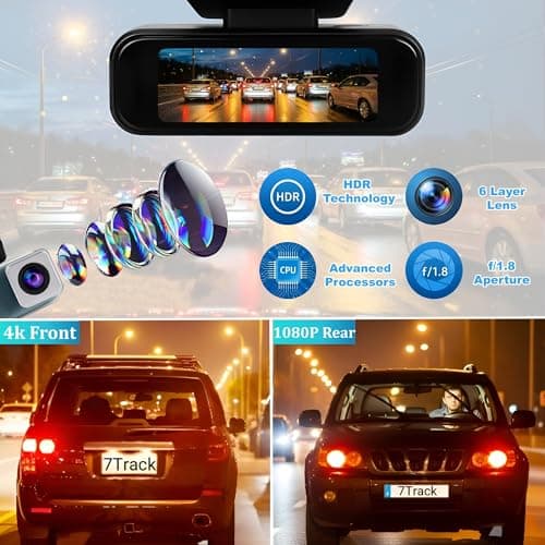 Dash Cam Front and Rear, 4K+1080P Dash Camera for Cars, 7Track Dual Car Camera with WiFi/APP Control, 64GB Card, 3.19" IPS Screen, WiFi, HDR, Night Vision, Parking Mode, Loop Recording - Thumbnail 3