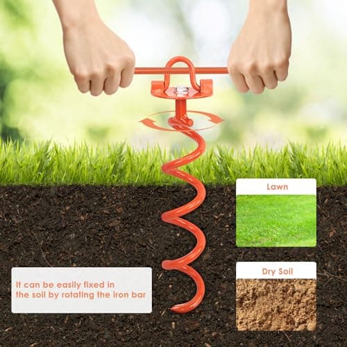 MIXXIDEA 11.4 Inch Gound Anchors Screw in, Metal Spiral Earth Anchors Kit, Heavy Duty Folding Ring Spiral Dog Tie Out Stake, Ground Stakes for Tent Trampolines, Garden Fence, Sheds, Swings (Orange) - Thumbnail 4