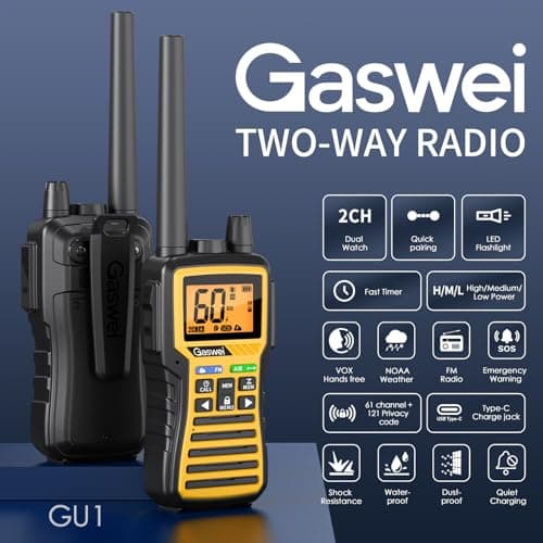 Gaswei GU1 Long Range Walkie Talkies, 2 Way Radio Walkie Talkie with Flashlingts, 60 Channels & 121 Privacy Codes, NOAA Weather Alert, VOX, FM Radio, SOS for Job Site, Hiking, Camping (Yellow) - Thumbnail 2