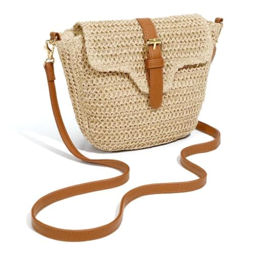 XquiziFit Straw Bag Beach Purse Summer Purses for Women Vacation Handbags Woven Crossbody Bags 5658-Beige - Image 1