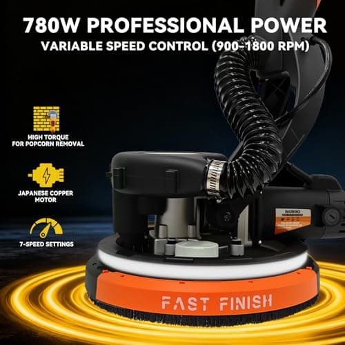 CUBEWAY Electric Drywall Sander with Vacuum Dust Collection, 780W Powerful 7-Speed Popcorn Ceiling Removal Tool with LED Light for Dust-Free Sanding on Walls, Ceilings, Floors - Thumbnail 2