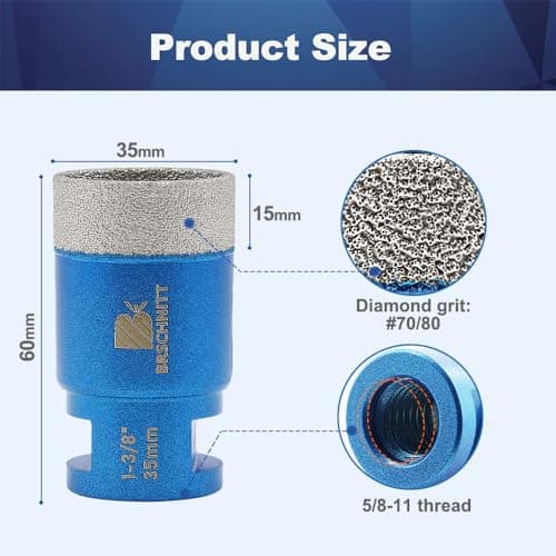 BRSCHNITT 1-3/8 Inch Diamond Drill Bit for Glass, Porcelain, Tile, Ceramic, Marble Drilling - Glass Hole Saw with 5/8-11 Thread - Thumbnail 2