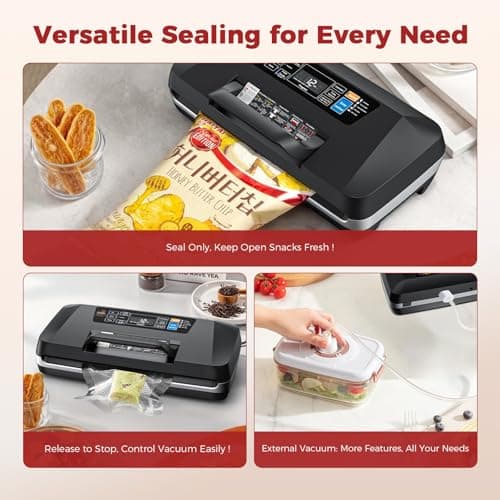 Vacuum Sealer Machine, Upgraded 230W 95KPa 10-in-1 Food Sealer with Double Heat Seal for Dry Moist Food, Easy-Lock Handle, Hose, Built-in Cutter and Bag Storage + Bags (1 Roll + 10 Pre-cut) - Thumbnail 4
