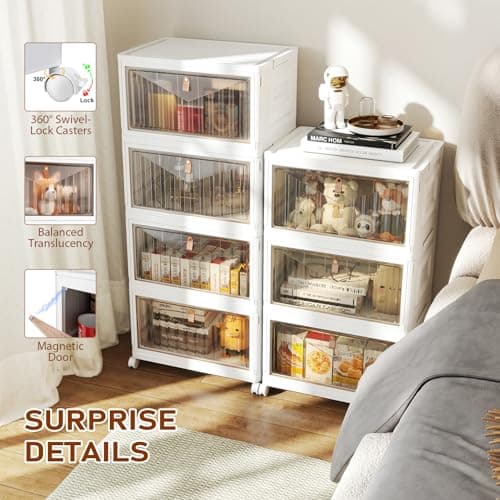 4 Tier Storage Bins with Lids, 23QT Stackable Closet Organizers and Storage with Wheels, Collapsible Storage Boxes, Foldable Plastic Storage Containers for Home,Office, Dorm Room-White - Thumbnail 4