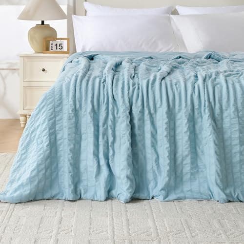 Fuzzysense Seersucker Cooling Comforter Twin XL/Twin, Q-Max 0.4 Lightweight Reversible Summer Blanket for Hot Sleepers, Breathable Dorm Bedding for College, Sky Blue