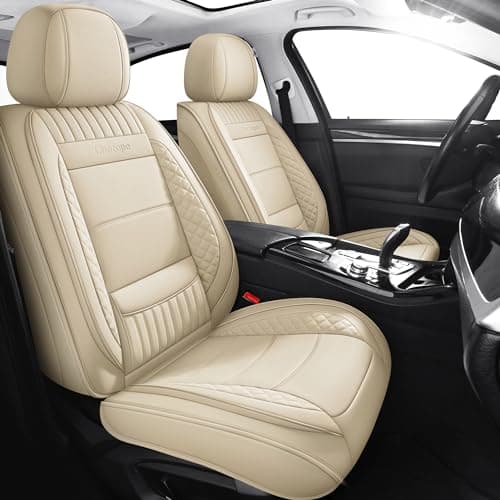 Chezope Car Seat Covers Full Set, Beige Leather Seat Covers, Breathable Front and Back Car Seat Protectors, Wear-Resistant Seat Covers Universal Fit for Most Cars SUV Truck (Beige-Stripes-A, Full Set)