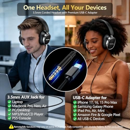 URBAN SWING W70 Wired Headphones Over Ear Headset with Mic, USB-C Adapter Plus 3.5mm Jack & Hardshell Travel Case, 4.9ft Extra-Long Braided Cord for iPad, iPhone 16/17, Samsung, PS5, Teens & Adults - Thumbnail 3
