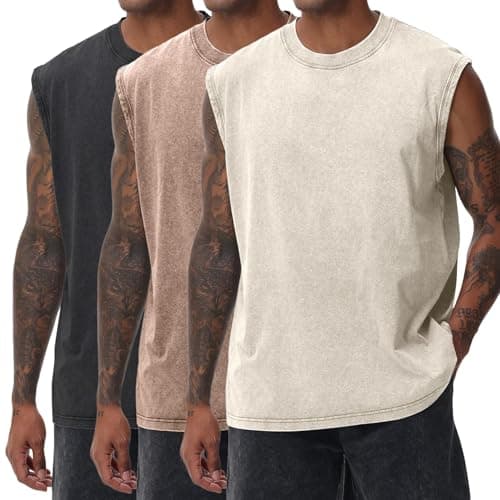 PAODIKUAI Sleeveless Shirts for Men - Sleeveless Crew Neck Casual Gym Washed T Shirt Breathable Loose Fit(Black+Coffee+Apricot,M) - Image 1