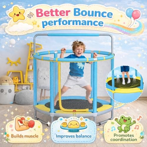 55" Trampoline for Kids with Enclosure, 4-in-1 Toddler Trampoline Indoor Outdoor, 440lbs Capacity Upgrade Trampolines with Adjustable Gymnastics Bar & Toys, for Boys & Girls, Easy to Assemble - Thumbnail 5