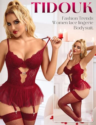 Tidouk Sexy Lingerie Sets for Women Lace Bodysuit Garter Lingerie set Babydoll Mini Skirt with Stockings（Wine Red,Small - Thumbnail 2