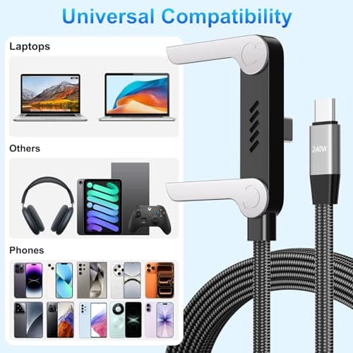 240W Braided Fast Charge Cable, 2026 New Invisible Holder Charger Cable with Stand, 4.92ft Foldable Durable 240W Stand Data Cable USB-C Cord 90 Degree Right Angle USB C Cable, Type C to Type C (1) - Thumbnail 6
