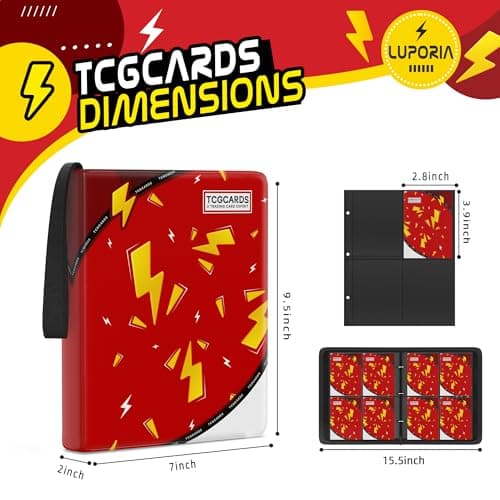 Trading Card Binder 4 Pocket,400 Pocket Card Collection Binder with 50 Removable Sleeves,PU Waterproof Top Card Book,3-Ring Zipper Collectible Trading Card Album for MTG/TCG/Card Holder Gift（Red） - Thumbnail 2