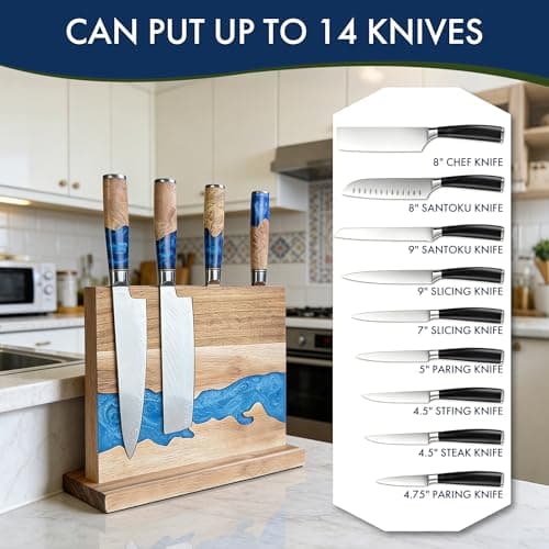 Magnetic Knife Holder - Double-Sided Blue Resin & Acacia Wood, River Design Knife Stand, 12.6 × 9.85 Inches (Knives Not Included) - Thumbnail 5