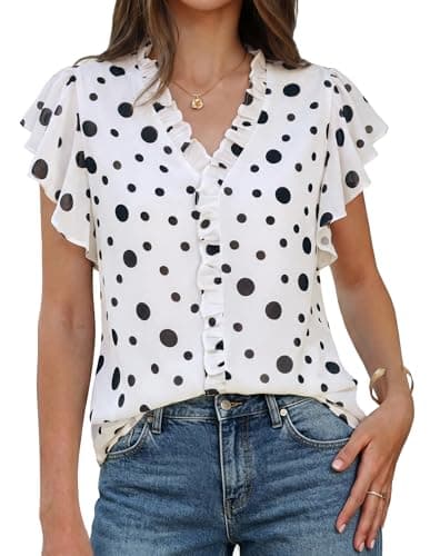 GRACE KARIN 2026 Boho Tops for Women Dressy Casual,Ruffle Sleeve Chiffon Blouse,V Neck Summer Fashion Cloth White Polka Dot S - Image 1