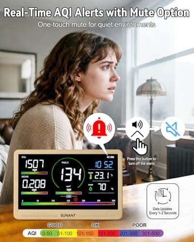 SUNANT 16 in 1 Indoor Air Quality Monitor, 7" Display 9 AQI +7 AQI Alerts, CO2 Monitor Tester for CO2, HCHO, TVOC, PM1.0 PM2.5 PM10 Temperature Humidity AQI & Time Air Quality Meter for Home Office - Thumbnail 3