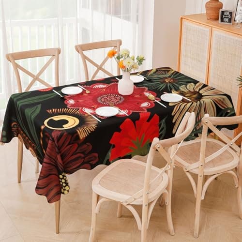 Tyrot Scalloped Black Red Boho Floral Rectangle Table Cloth Vintage Farmhouse Waterproof Stain Resistant Wrinkle-Free Tablecloth Indoor Outdoor Table Covers for Kitchen Dining/Party, 60x120