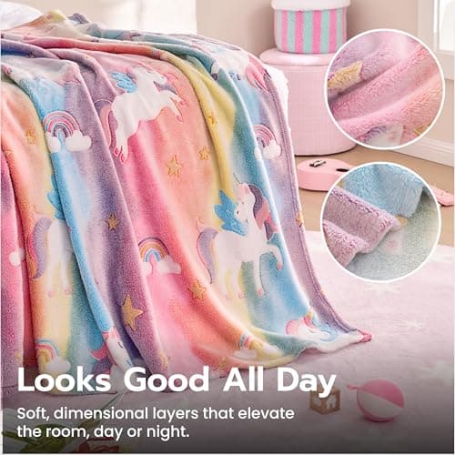 Joiedomi Glow in The Dark Blanket - Unicorns Gifts Toys for Girls Age 2 3 4 5 6 7 8 9 10 11 12 Year Old - Soft Cozy Flannel Kids Throw Blanket, Birthday Bedroom Decor 50"×60" - Thumbnail 5