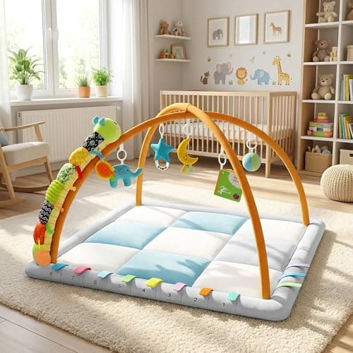 Kidmoze Baby Play Gym & Activity Mat, Baby Tummy time mat w 6 Detachable Toys, Promote Motor Skills & Sensory Development Mat, Newborn Infant Baby Essentials Gift. - Thumbnail 3