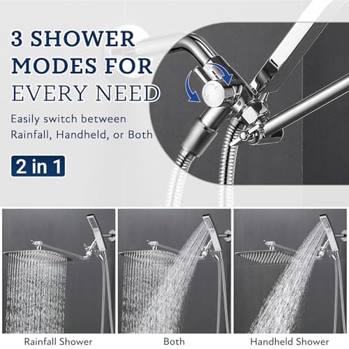 G-Promise All Metal 14 Inch Dual Square Shower Head with Handheld Spray Combo, Rain Shower Head, Adjustable Extension Arm, 3-Way Diverter, 71 Inch Extra Long Hose - A Bathroom Upgrade (Chrome) - Thumbnail 4