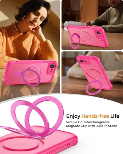 MOCCA for iPhone 17e Case & iPhone 16e Case with Magnetic Invisible Stand [Full Camera Protection][Compatible with Magsafe] Military Drop Shockproof Translucent Matte Phone Case Cover 6.1",Hot Pink - Thumbnail 4