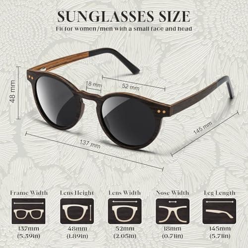SUNGAIT Round Wood Polarized Sunglasses Women Men Vintage Retro Oak Walnut Rosewood Wooden Shades UV Protection (Oak Zebra Wood/Grey Lens) - Thumbnail 5