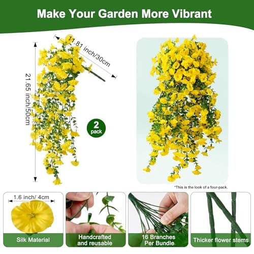 Fanfantoey Artificial Hanging Flowers for Outdoors, 2Pcs UV Resistant Fake Flowers, Realistic Faux Petunias Silk Long Vines Morning Glory Eucalyptus for Outside Planter Porch Patio Decor, Yellow - Thumbnail 2