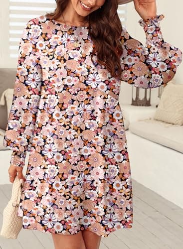 Dokotoo Spring Dresses for Women 2026 Casual Boho Floral Plus Size Dresses Cute Crew Neck Long Sleeve Empire Waist Mini Babydoll Dress Flowy Wedding Guest Tunic Shift Dress Black Medium - Thumbnail 3