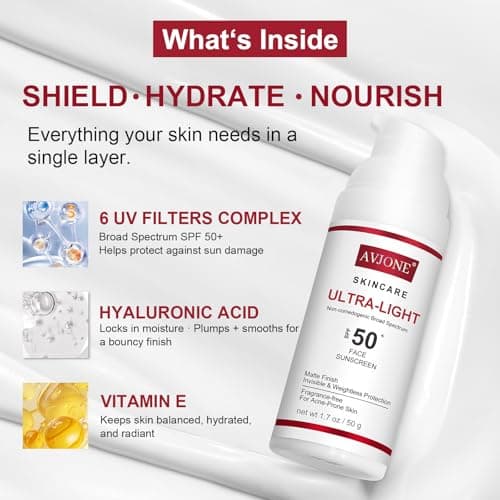 AVJONE Face Sunscreen SPF 50, Broad Spectrum UVA/UVB Protection with Hyaluronic Acid & Vitamin E, Lightweight Non-Greasy Formula, Water-Resistant, Oil-Free, Non-Comedogenic for Sensitive Skin, 1.7 oz - Thumbnail 2