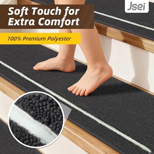 JSEI Stair Treads for Wooden Steps Indoor with Glow in The Dark Stripe, 4 Pack 9" X 28" Non-Slip Washable Carpet Stair Mats with TPE Backing, Polyester Stair Rugs for Kids Elders & Pets, Dark Grey - Thumbnail 5