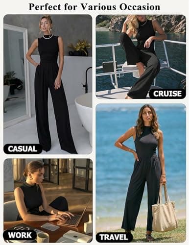 Ekouaer Summer Jumpsuits for Women Casual Mock Neck One Piece Outfits Sleeveless Formal Wide Leg Pants Romper with Pockets - Thumbnail 6
