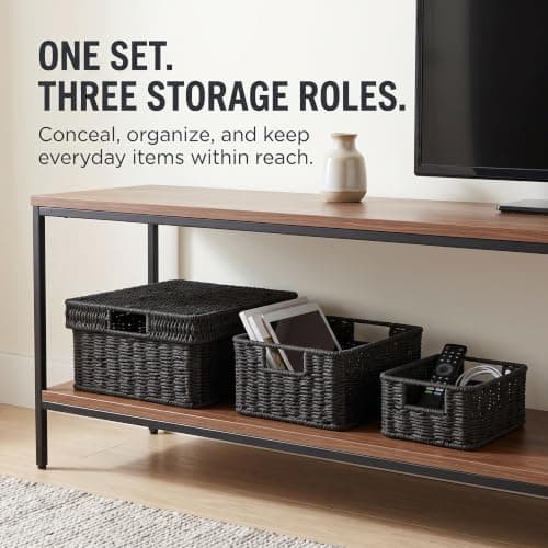 GANLUX Wicker Storage Basket with Lid - Woven Basket for Storage,Rectangular Decorative Boxes Bins with Lids for Shelves,living room, Nursery, 3 baskets+1 lids(Black) - Thumbnail 2