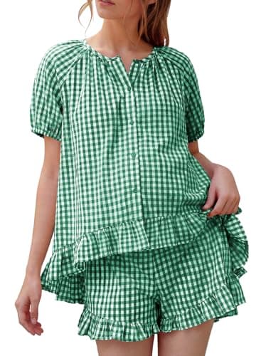 BLENCOT Maternity Pajamas Set Button Down Gingham Sleepwear Tops and Shorts 2 Piece Lounge Sets Pregnancy Clothes for Women Green Small - Image 1