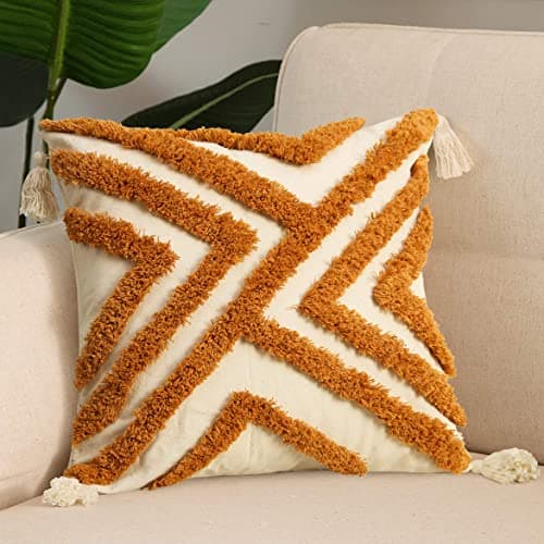 Pyonic Boho Throw Pillow Covers 18x18 Woven Tufted Decorative Pillow Covers with Tassel,CR-Orange-b - Image 1