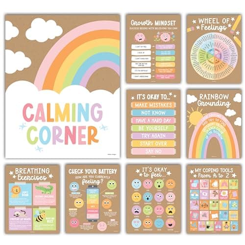 Hadley Designs Calming Corner Posters for Classroom Decor -9 Calm Down Corner Supplies Classroom Must Haves, 11x14 Feelings & Emotions Chart for Kids, Kraft Mental Health Posters for School Counselors - Image 1