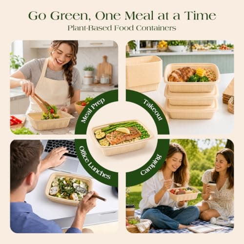 100 Piece (50 Pack) Meal Prep Containers with Lids,32 oz Resuable Cornstarch Material Salad Containers, Plant-based Lunch Boxes, Plastic Take Out Bowls BPA Free, Microwave Freezer Safe, Stackable - Thumbnail 2