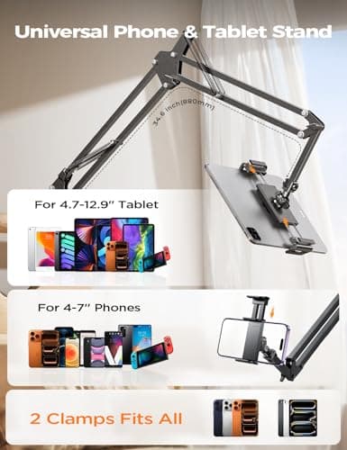 LISEN Tablet Stand iPad Stand for Desk Mount [Ultra Sturdy 2 Clamps] Kindle iPad Holder for Gooseneck Phone Tablet Holder Mount fits iPhone Kindle 4-13" Device Valenties Day Gifts for Women (Black) - Thumbnail 2