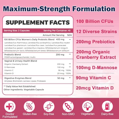 ZEBORA Vaginal Probiotics for Women 100 Billion CFUs, Probiotic for Digestive Health & Vaginal pH Balance & Urinary Tract Health, with Organic Cranberry & Prebiotics, 90 Veggie Capsules - Thumbnail 6