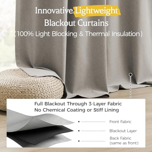 HushLoom Pinch Pleated Full Blackout Curtains for Bedroom & Living Room, Linen Textured Thermal Insulated Blackout Window Curtains & Drapes 90 Inches Long, 2 Panels Set(40" W x 90" L, Greige) - Thumbnail 3