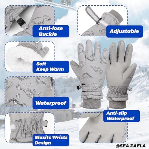 Sea Zaela Waterproof Winter Gloves for Kids Toddler Warm Snow Gloves Boys Girls Ski Gloves Windproof Mittens Youth,Grey Dinosaur,4-6 T - Thumbnail 2