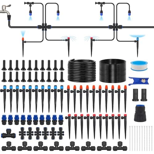 230FT Drip Irrigation System for Garden with 40 Nozzles & Emitters, Quick Connect Garden Watering System with 1/2" & 1/4" Tube, Adjustable Sprinklers Kit for Greenhouse, Lawn, Flower Beds, Raised Bed