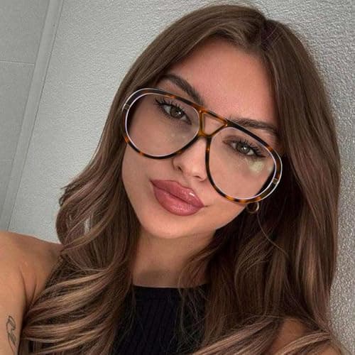 SODQW Oversized Aviator Blue Light Blocking Glasses Women with Earring Trendy Large Big Double Bridge Designer Eyewear - Thumbnail 2