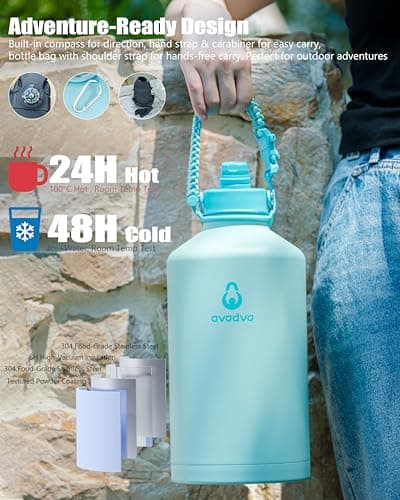 avodvo 1 Gallon Water Bottle with 2 Lids (2-in-1 Straw & Spout Lid, Magnetic Lid), Insulated Water Bottle with Strap, Stainless Steel Water Bottle for Hiking, Gym, Travel, BPA-Free, Dark Blue - Thumbnail 5