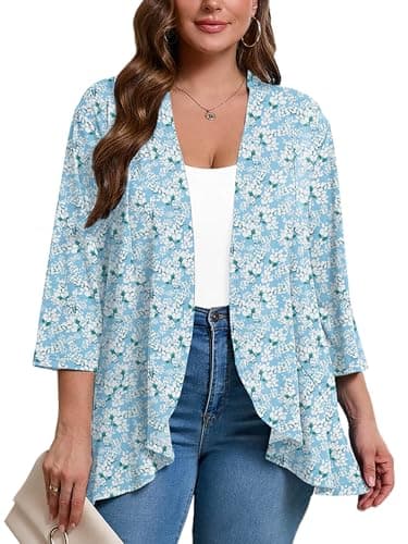 AusLook Women's Plus Size 3/4 Sleeve Lightweight Open Front Cardigan Jasmine Blue 5X Draped Ruffles Causal Cover Ups Shrugs Tops Shawls and Wraps Kimono Jacket Coat - Image 1