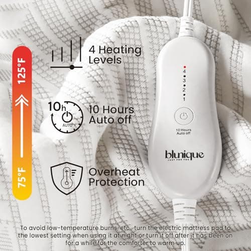 blunique Electric Heated Mattress Pad King Size Dual Control Bed Warmer, Deep Pocket, Side Storage Pouch for Controller, Machine Washable, 3D Air Layer Fabric, 78"x80", Grey - Thumbnail 4