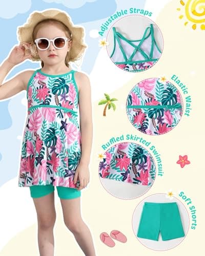 sweetabby Girls Swimsuit Toddler Bathing Suit Green Tropical Swimsuit Girl Cover Up Swim Dress with Shorts 2 Piece Tankini Set Kids Swimwear Size 8 9 - Thumbnail 4