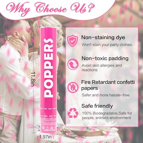 Confetti Cannon Pink 12 Pack Biodegradable Handheld Confetti Party Poppers for Weddings, Gender Reveals, Birthdays & Celebrations 12-Inch Twist Confetti Shooters for Party Fun - Thumbnail 2
