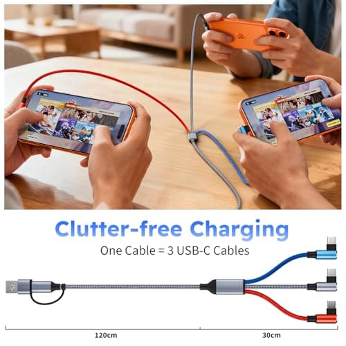 MPATIBY USB A/C to USB C Right Angle Cable, 90 Degree Type-C Braided Charging Cord 5FT, 3 in 2 USB C Charging Cable,Universal Phone Charger Cord with 3 Type-C Port for iPhone17/16 Android Phones Pad - Thumbnail 5